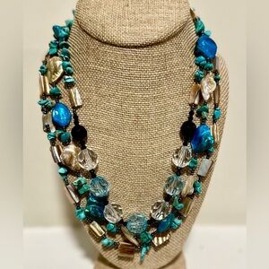 Vintage Triple Strand Necklace w beads of abalone, mother of pearl & turquoise